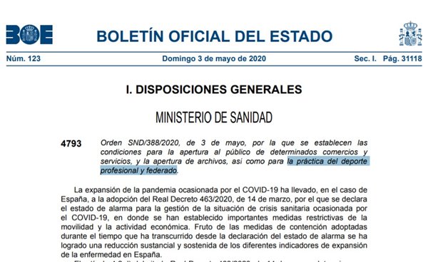 Condiciones de entrenamiento para deportistas profesionales y federados a partir del 4 de mayo